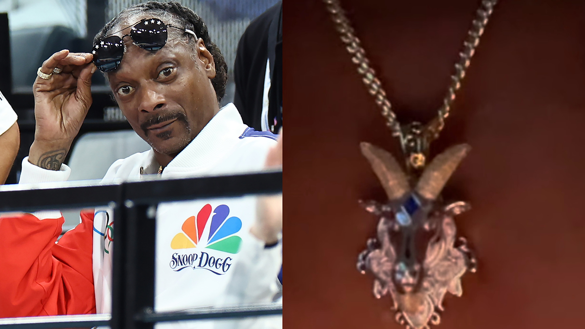 Snoop Dogg wearing a white jacket with an NBC logo and the text "Snoop Dogg", lifting his sunglasses. Close-up of a goat head pendant necklace