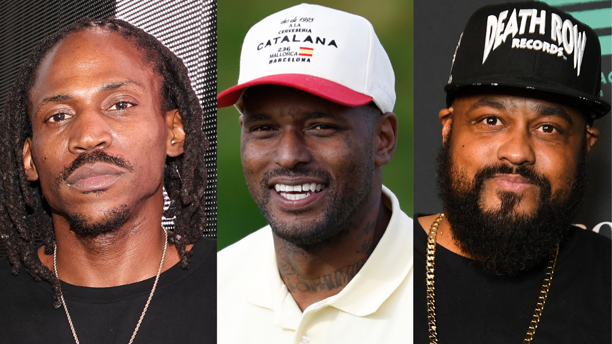 Killa Kyleon, Schoolboy Q, and DJ Khaled are pictured at a music event. Killa Kyleon wears a black shirt, Schoolboy Q wears a white shirt and cap, DJ Khaled wears a hat