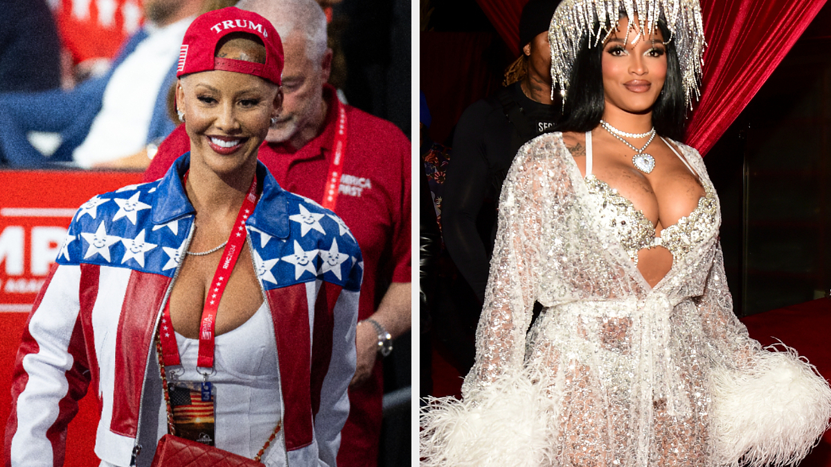 Amber Rose in a stars and stripes jacket with a "Trump" cap at an event, and Rihanna in a sparkling outfit with a feathered headpiece at a red carpet event