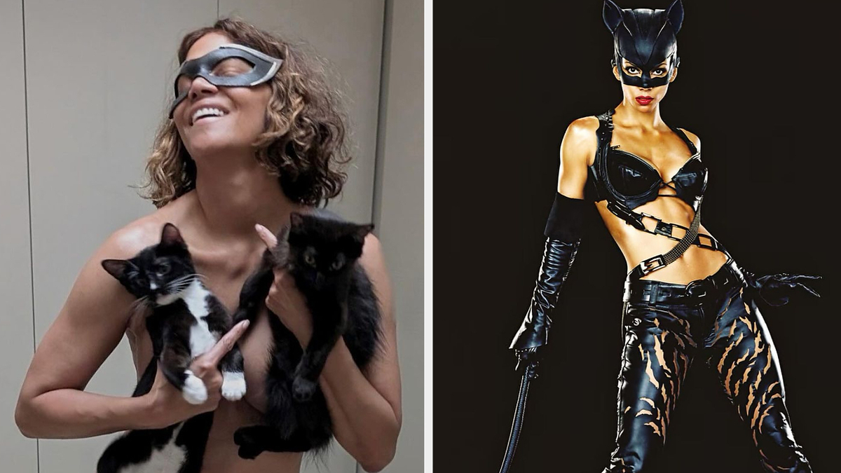 Halle Berry holding two cats on the left, and Halle Berry dressed as Catwoman in a black costume on the right