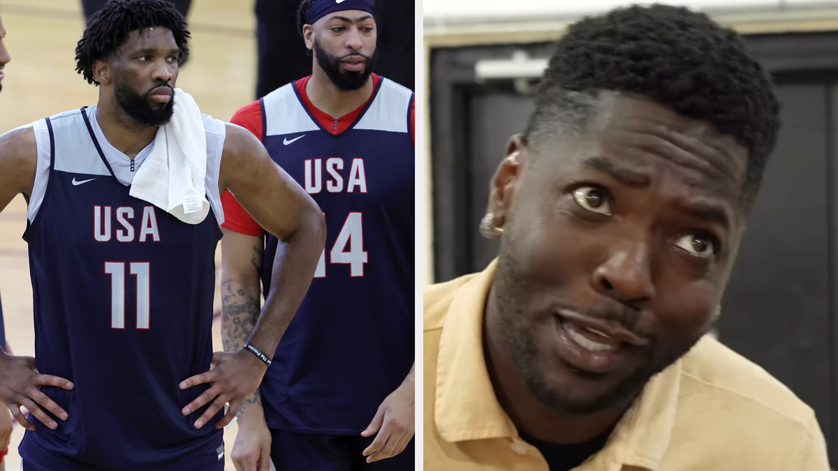 Joel Embiid, Anthony Davis, and another player wearing USA basketball jerseys during practice on a basketball court