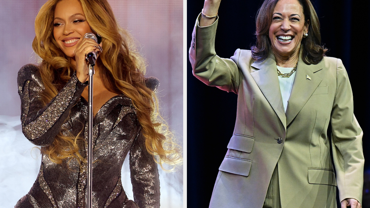 Beyoncé performing in a shimmering dress on the left, Kamala Harris waving and smiling in a suit on the right