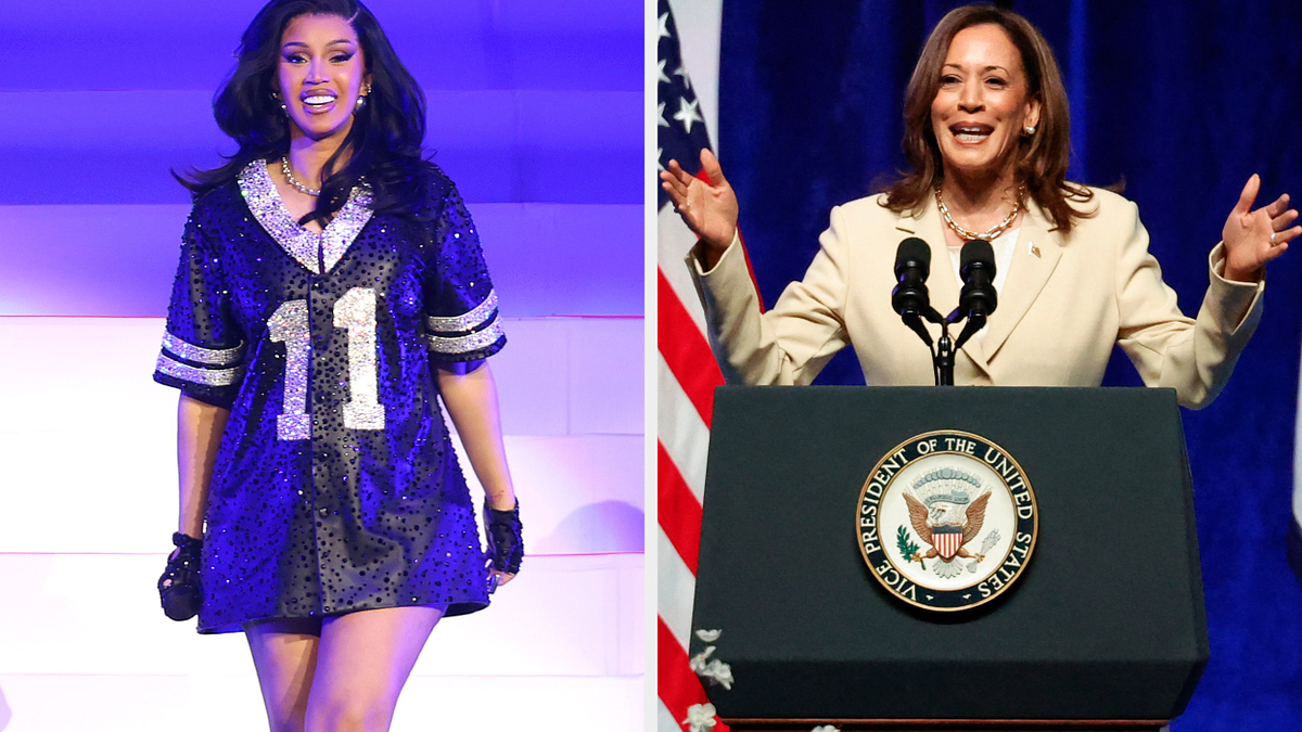 Cardi B performs on stage in a sequined sports jersey with the number 11. Kamala Harris speaks at a podium, wearing a beige blazer