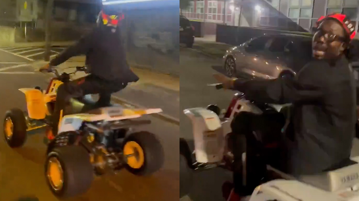 Two images of Lil Yachty riding a four-wheeled ATV on a street at night, wearing a black jacket and a colorful mask