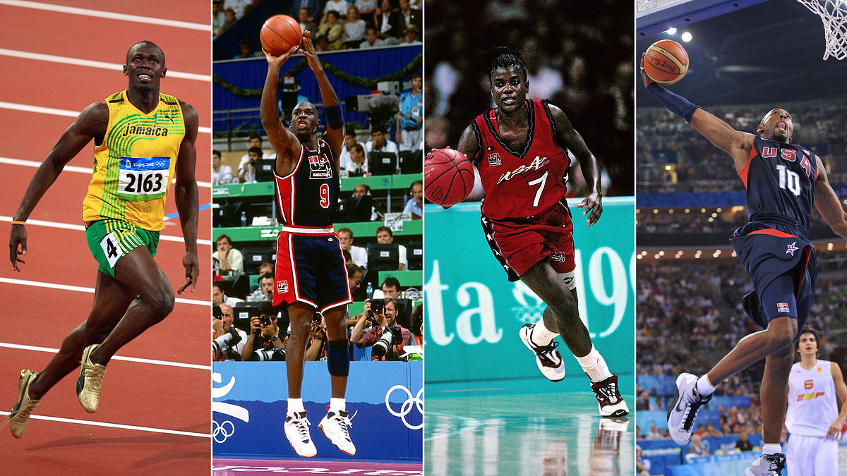 Four athletes, including Usain Bolt (left), are shown in action during their respective sports events. They are wearing athletic gear suitable for their sports