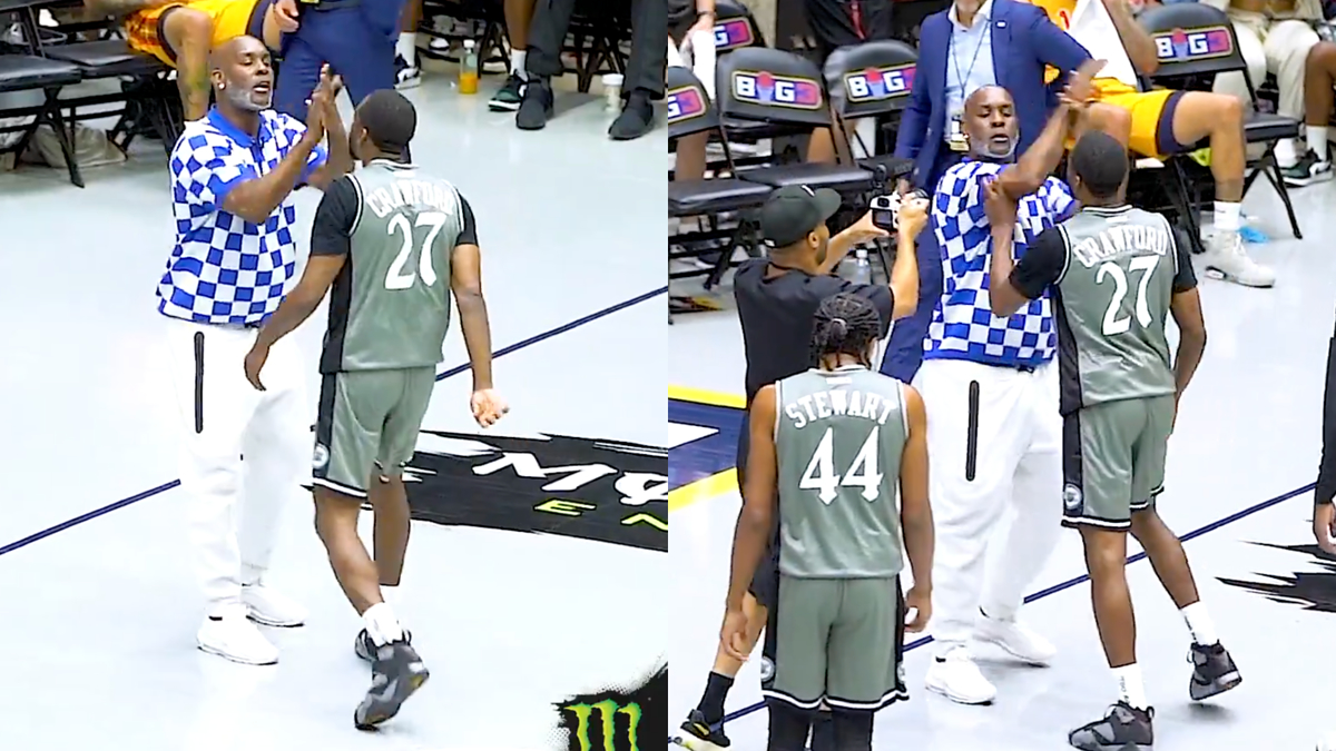 LeBron James, wearing checkered shirt, high-fives Jodie Meeks (#27, gray basketball uniform) on basketball court. Josh Stewart (#44, gray uniform) looks on