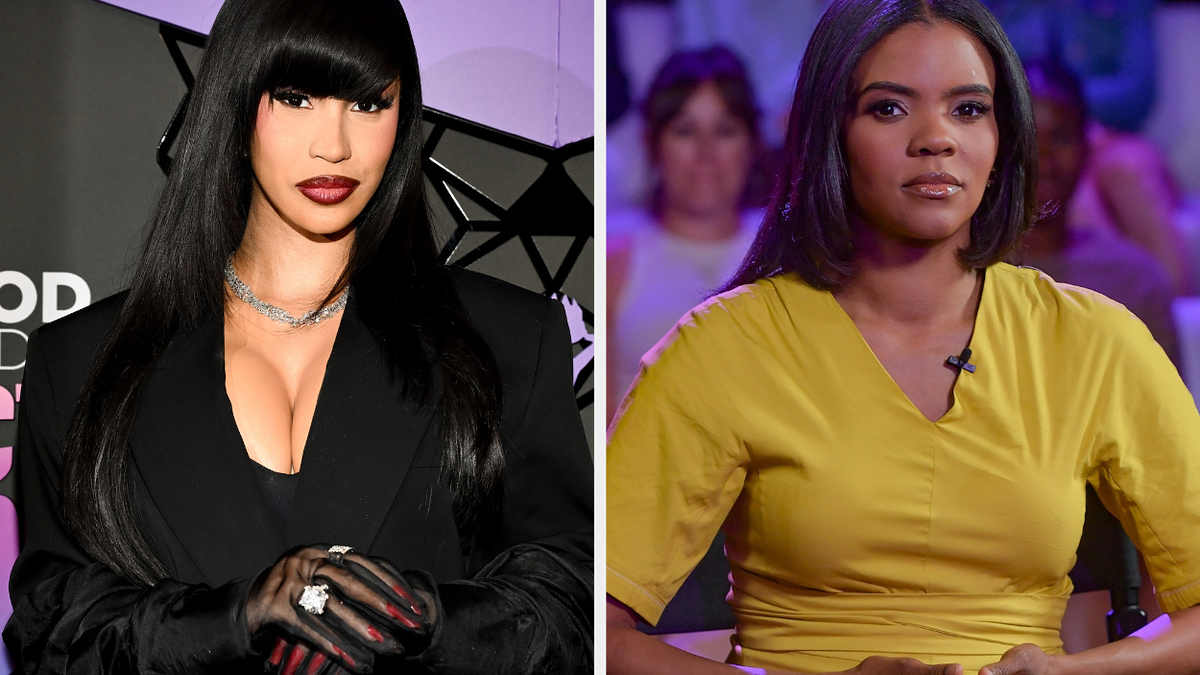 Cardi B in a black outfit with gloves and bangs, side by side with Candace Owens in a yellow outfit, both in different settings