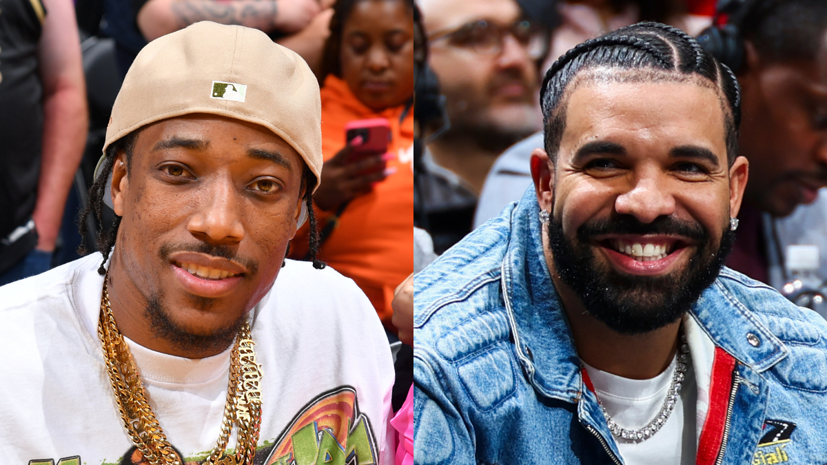 DeMar DeRozan and Drake, both smiling, wearing casual attire at a public event. DeMar sports a cap and gold chain, while Drake has braided hair