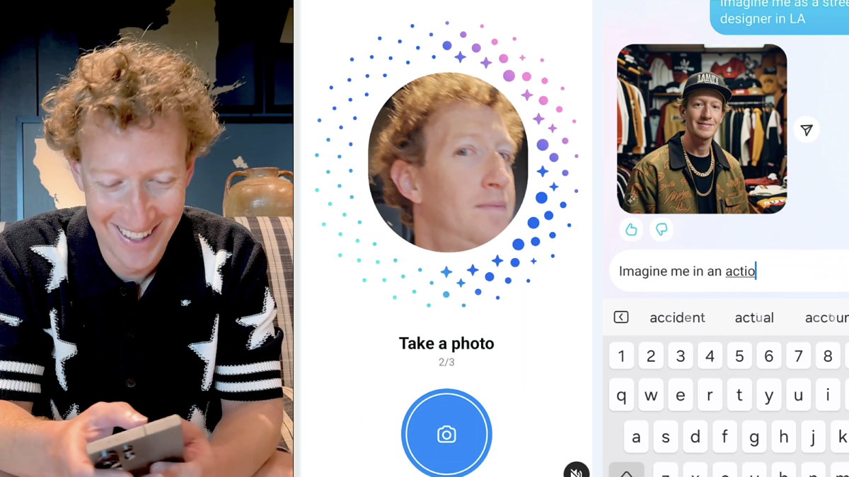 Person holding a phone, Mark Zuckerberg selfie image on phone camera with sparkles, another photo of Mark Zuckerberg in casual attire with "Imagine me in an action" typed