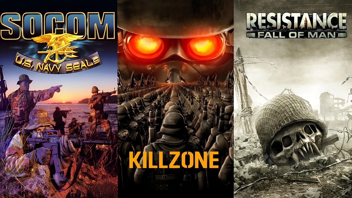 SOCOM: U.S. Navy SEALs cover with soldiers, Killzone cover with soldiers and glowing eyes, Resistance: Fall of Man cover with battlefield and skull in helmet