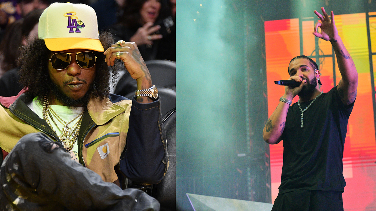 Ab-Soul wearing casual sportswear and a Los Angeles cap sits while Drake in a black t-shirt performs on stage holding a microphone