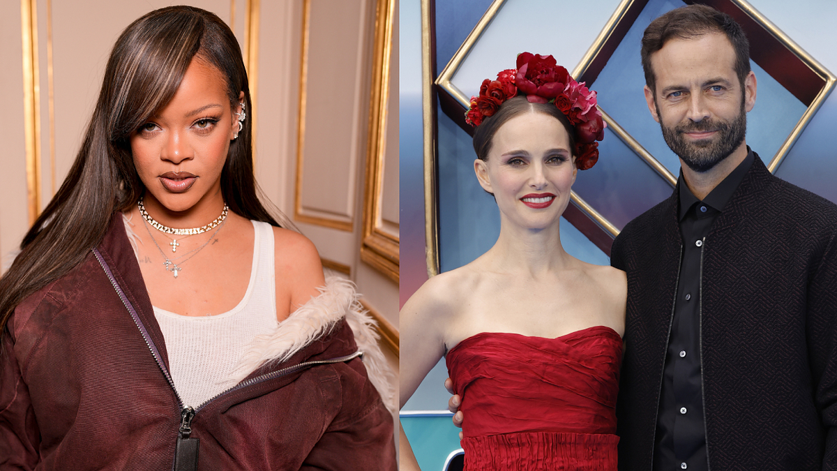 Rihanna in a casual chic outfit. Natalie Portman in a red strapless dress with floral headpiece, Benjamin Millepied at her side in a dark suit
