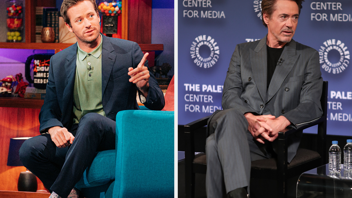Armie Hammer and Robert Downey Jr. are seated separately on talk show stages, each wearing suits and speaking to the audience