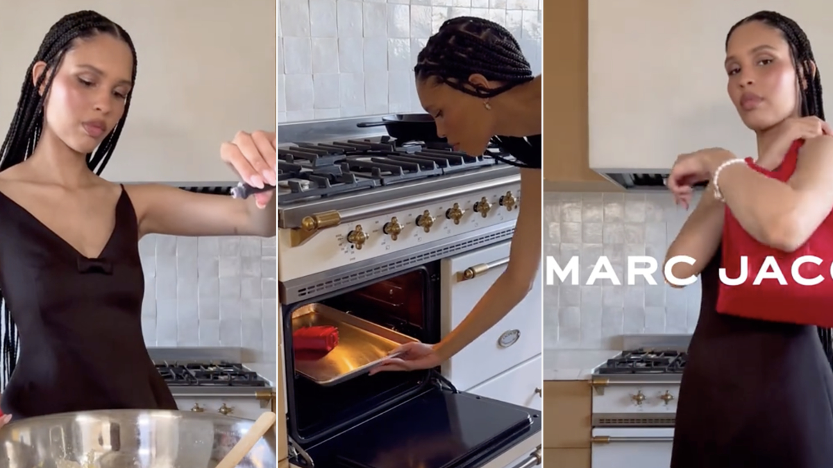 Three-panel image of Zoë Kravitz baking: mixing ingredients, placing a dish in the oven, and holding a red Marc Jacobs handbag