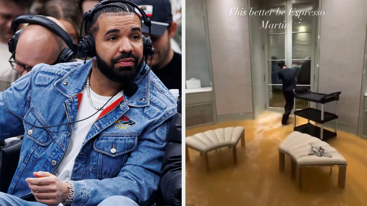 Drake at a basketball game in a denim jacket, and a flooded lounge area with a text overlay saying, "This better be Espresso Martini"