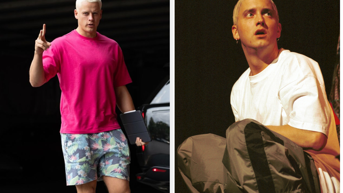 On the left, a person with bleached hair in a pink shirt and patterned shorts holds a tablet. On the right, the same person performs on stage in a white shirt