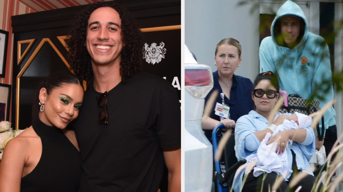 Left: Vanessa Hudgens with Cole Tucker posing for a photo. Right: Hudgens in a wheelchair holding her baby, with Tucker standing behind her