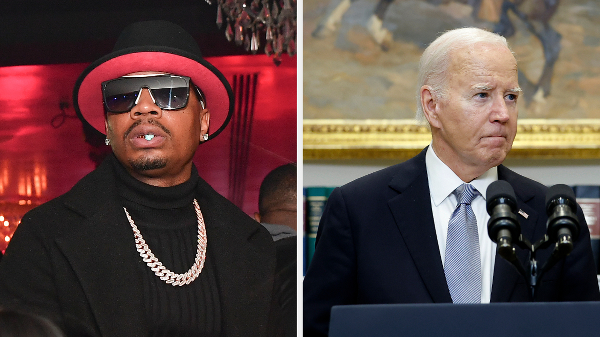 Plies wearing a black hat and turtleneck with a gold chain and sunglasses; Joe Biden in a suit and tie speaking at a podium
