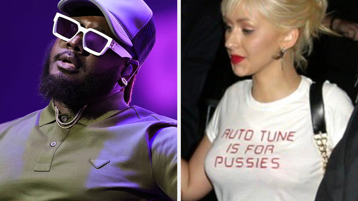 Two side-by-side images: T-Pain wearing a cap, sunglasses, and casual shirt; Christina Aguilera with blonde hair, red lips, and a shirt saying "Auto Tune is for Pussies"