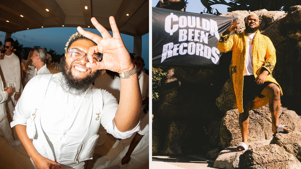 Druski, in two side-by-side images, makes a playful gesture in the first image and poses by a "Coulda Been Records" banner in bright, casual clothing in the second