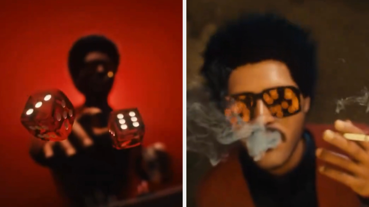 The Weeknd in a red suit, holding a cigarette, wears reflective sunglasses and is surrounded by smoke. A close-up shows him throwing dice in a blurred background