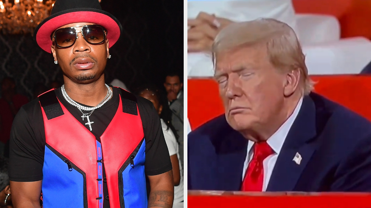 Plies wearing a stylish outfit and hat, alongside Donald Trump with his eyes closed on the right