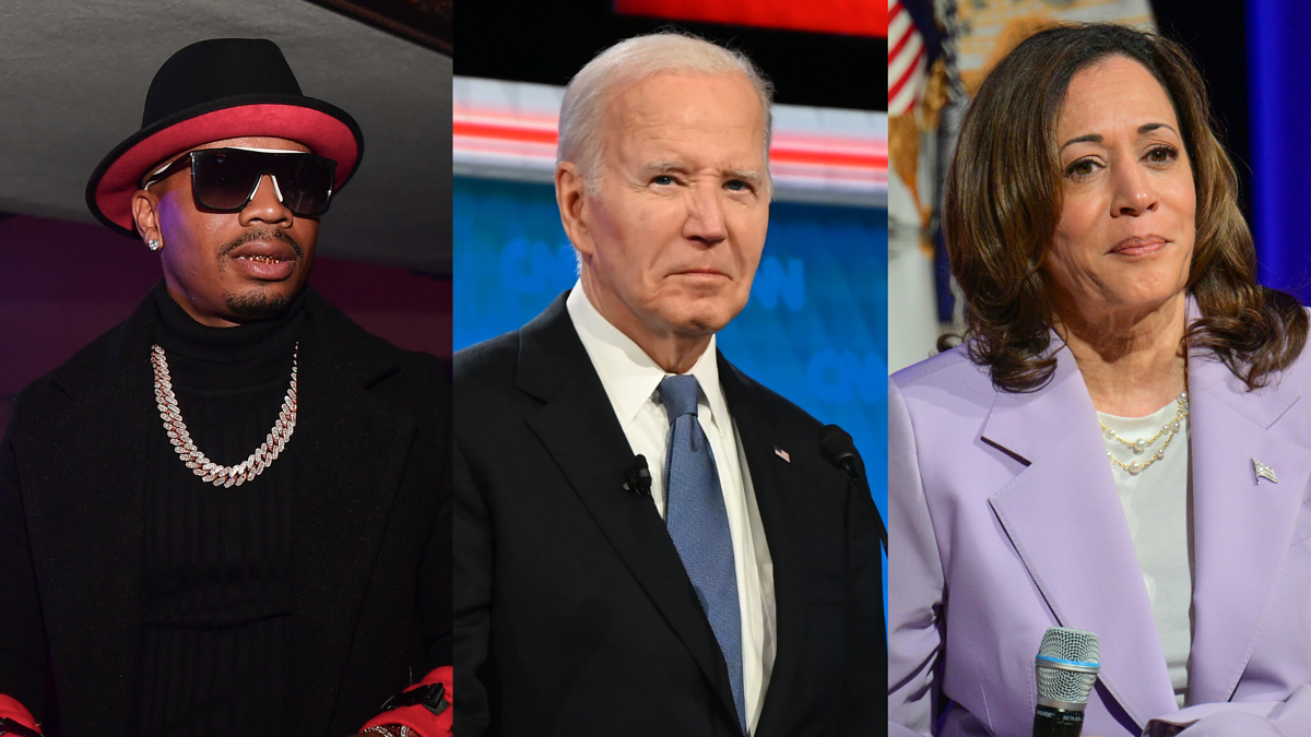 Plies wears a hat, sunglasses, and a necklace; Joe Biden in a suit and tie; Kamala Harris in a suit jacket on separate occasions