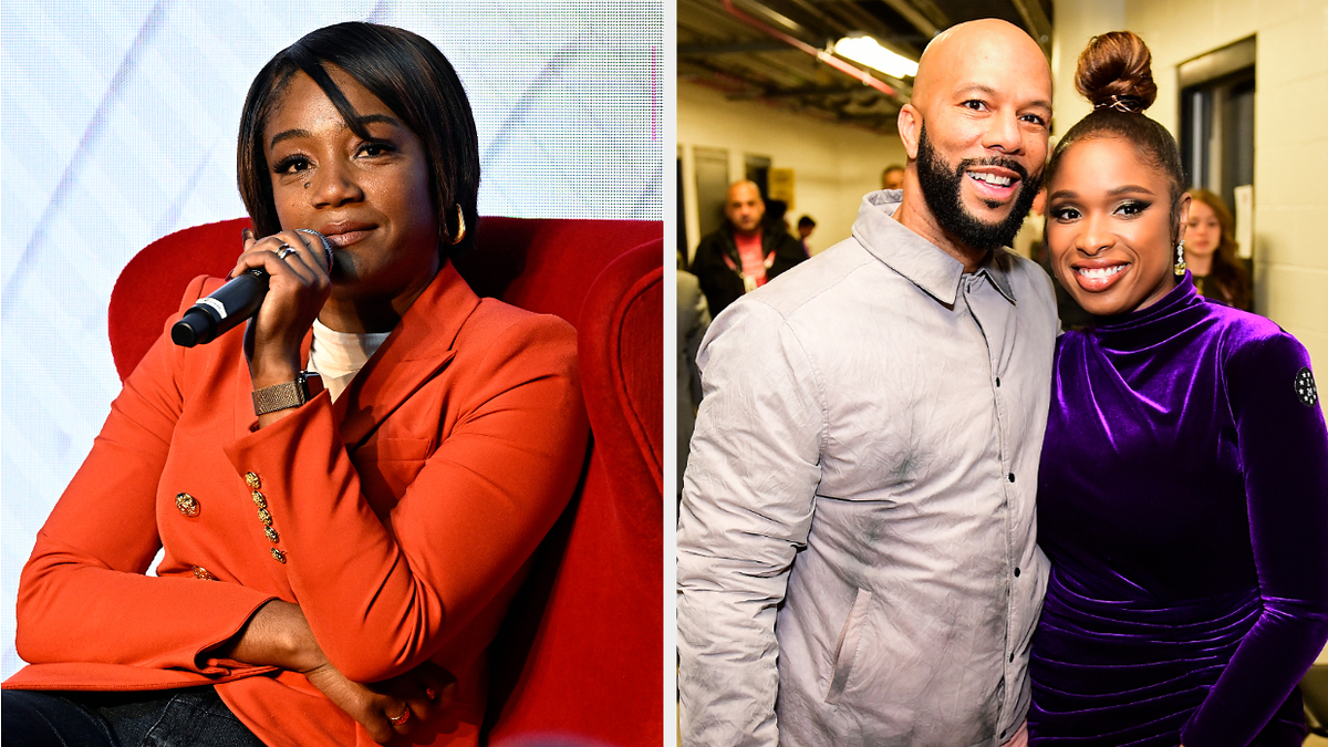 Tiffany Haddish speaks into a microphone on stage. Common and Jennifer Hudson pose together backstage