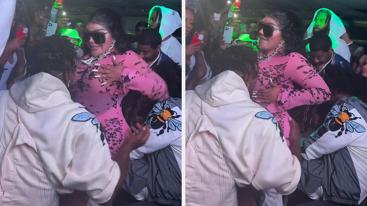 Lizzo, in a leopard print dress with sunglasses and a statement necklace, is surrounded by fans, including one person wearing a hoodie with a bee design