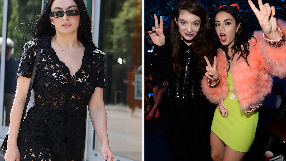 Charli XCX in a lace dress and sunglasses; Lorde and Charli XCX posing with peace signs