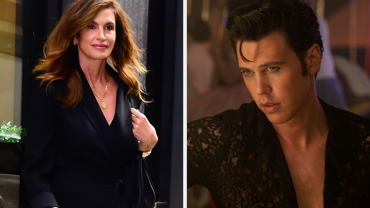 Cindy Crawford in a black jacket looking at the camera on the left; Austin Butler in a sheer black shirt with a serious expression on the right