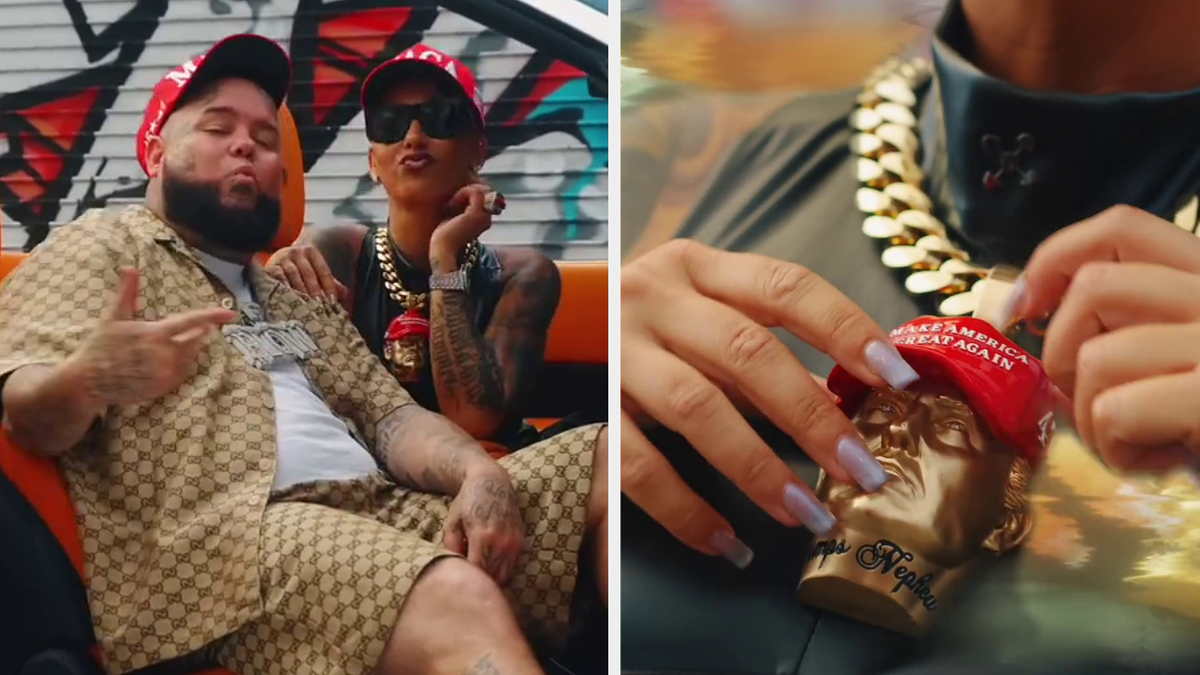 Rapper Forgiato Blow and Amber Rose dressed in casual, stylish clothing sit in a convertible. Close-up shows a "Make America Great Again" hat and a chain necklace