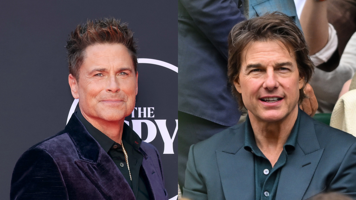 Rob Lowe and Tom Cruise are pictured. Rob Lowe is on a red carpet wearing a velvet blazer, while Tom Cruise is in a crowd wearing a suit