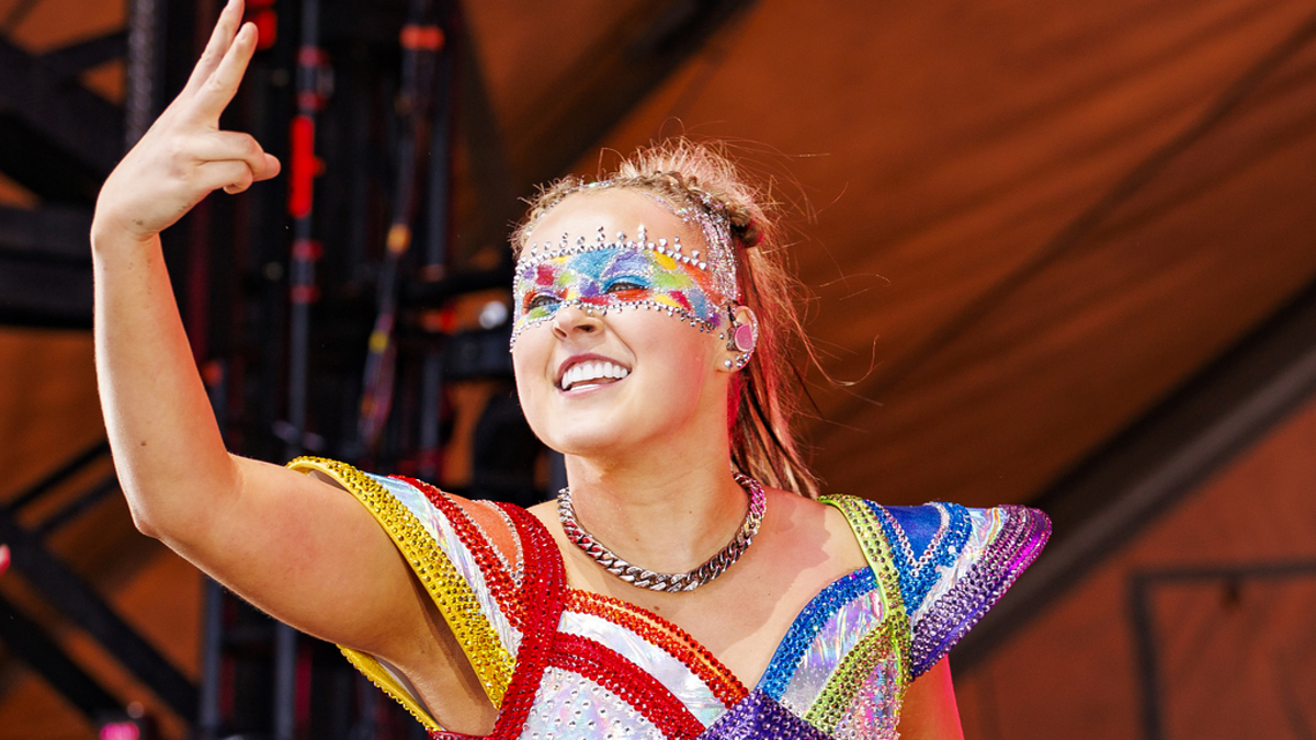 JoJo Siwa performing on stage, wearing a vibrant, rainbow-themed outfit adorned with sequins and glitter, holding a microphone, and making a peace sign gesture