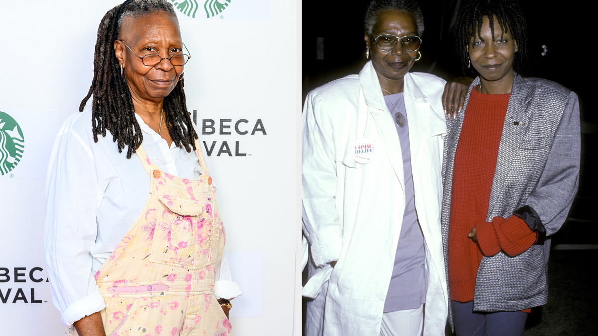 On the left, Whoopi Goldberg at an event, wearing a shirt and overalls. On the right, Whoopi Goldberg and a woman in a white coat and glasses, posing together