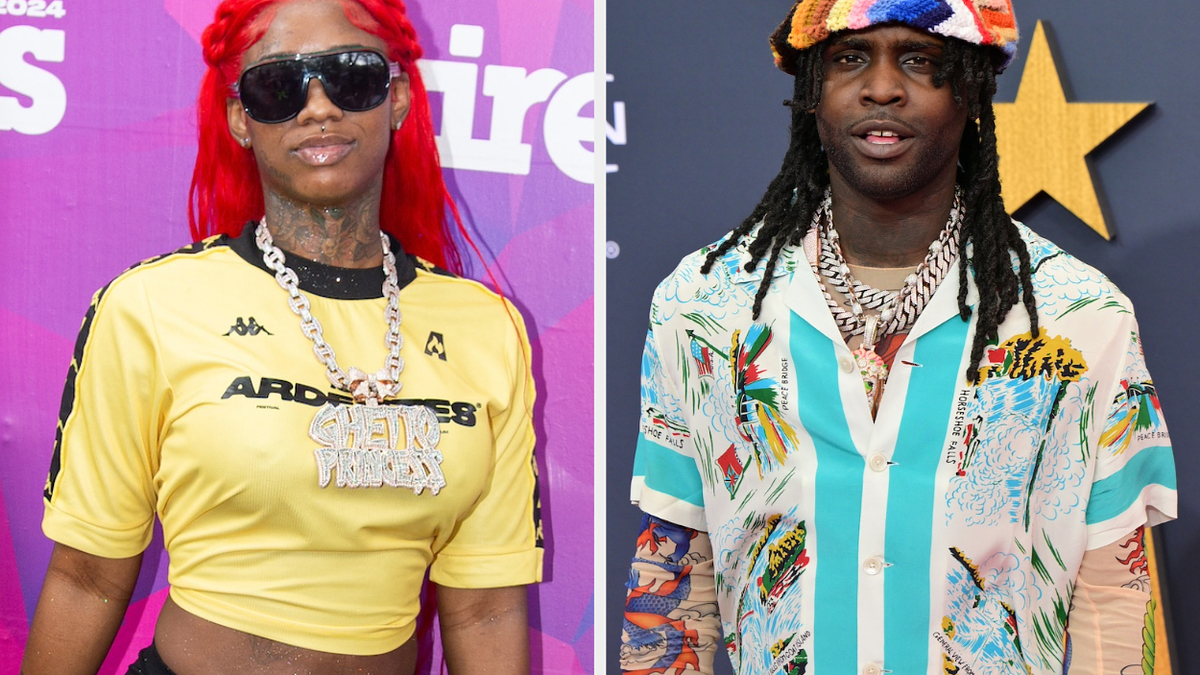Red carpet photo of Sexyy Red in a yellow cropped shirt and Chief Keef in a vibrant patterned shirt and colorful knit hat