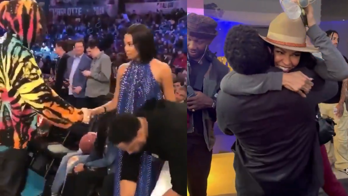 Left: Person in a multi-colored outfit shakes hands with Cardi B in a beaded dress at an event. Right: Cardi B, wearing a hat, hugs a person at a party