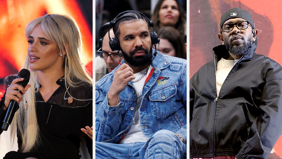 Camila Cabello speaks onstage; Drake listens with headphones in casual denim; Kendrick Lamar performs in a black jacket and cap