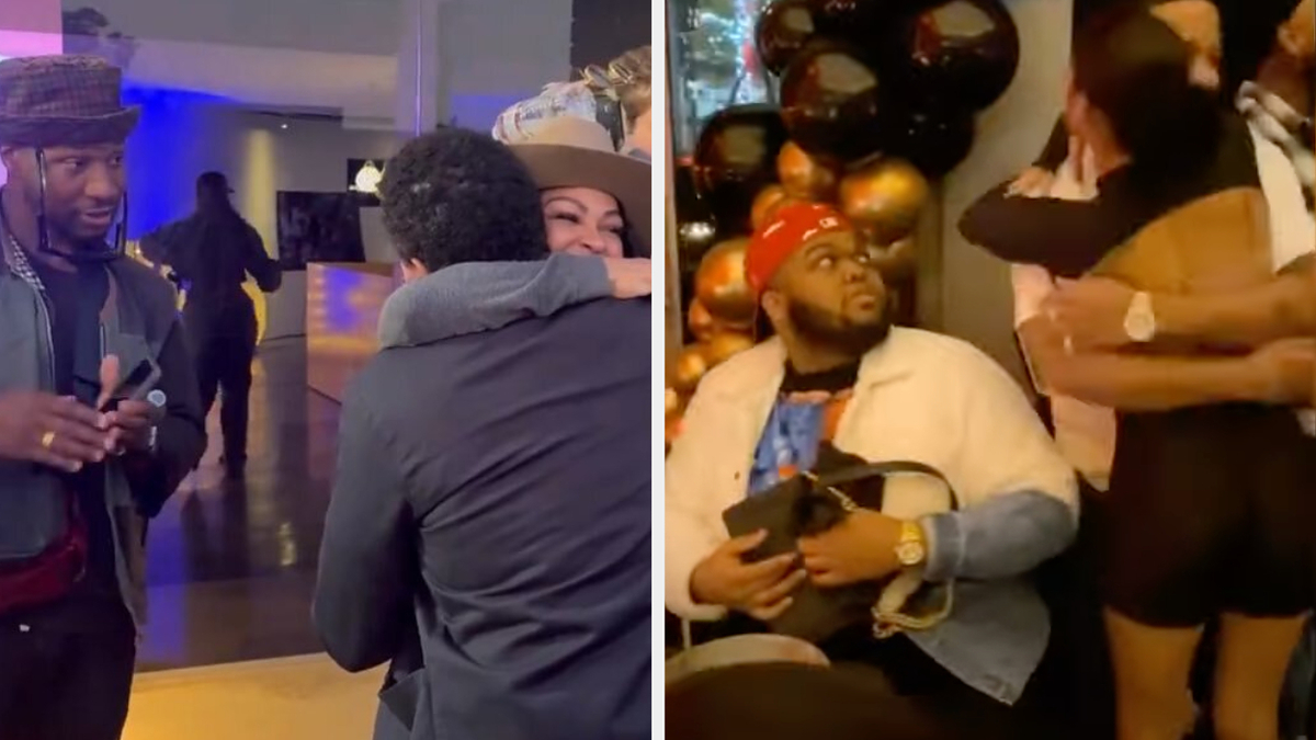 Left: Jonathan Majors hugging a person at an indoor event.
Right: Jonathan Majors intervening in a confrontation at a nightclub; a seated man watches