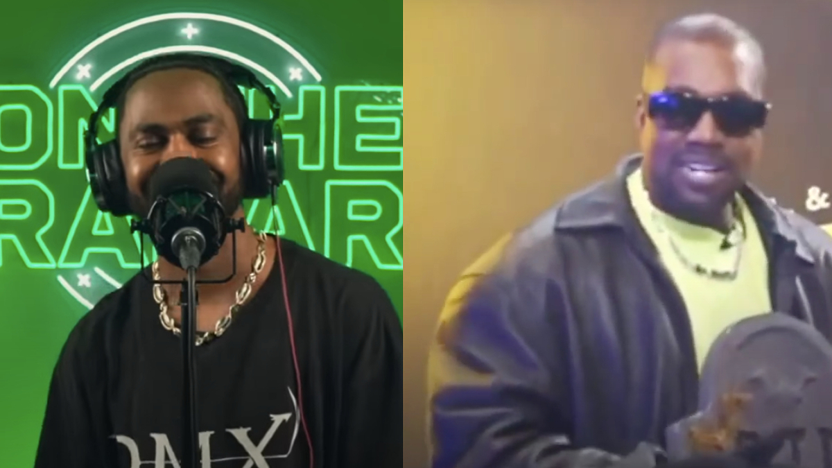Rapper and singer Big Sean performs on a podcast; Kanye West, in a leather jacket and sunglasses, holds an award during an event