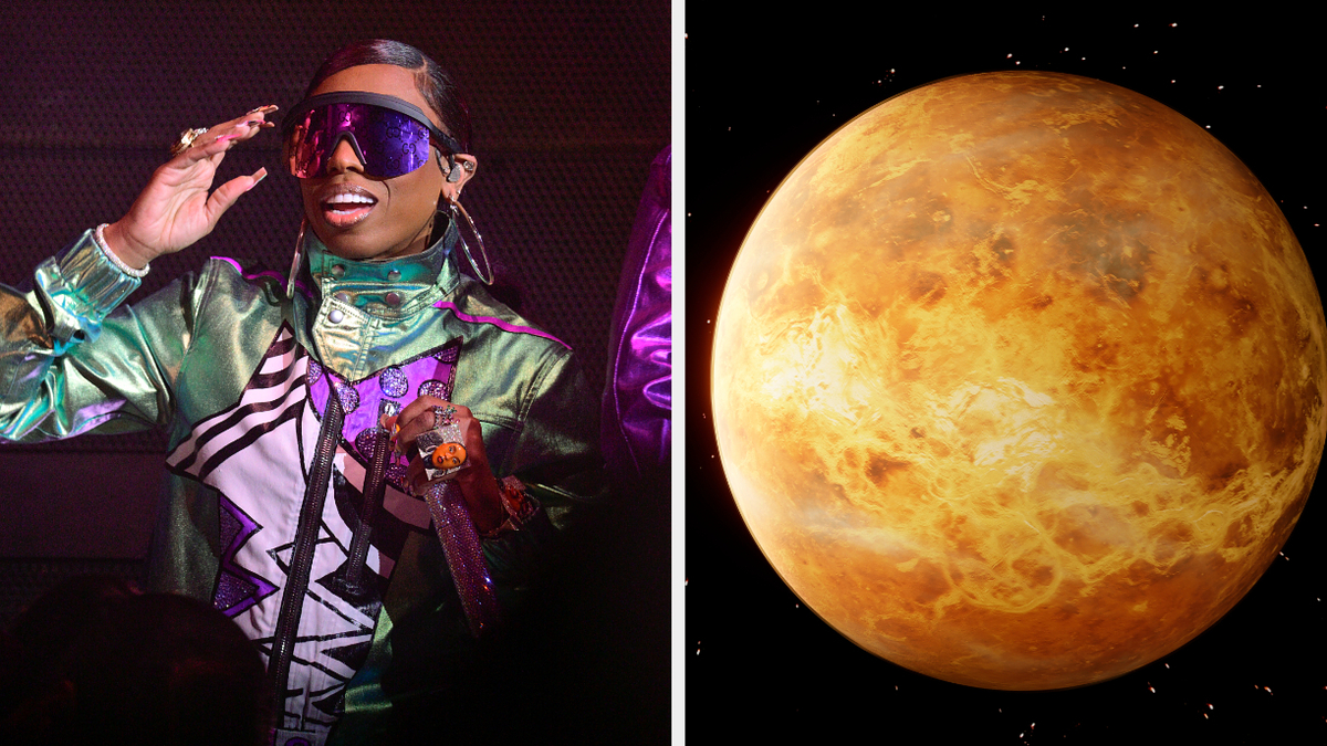 Missy Elliott performs in futuristic outfit with oversized sunglasses; planet Venus is shown on the right