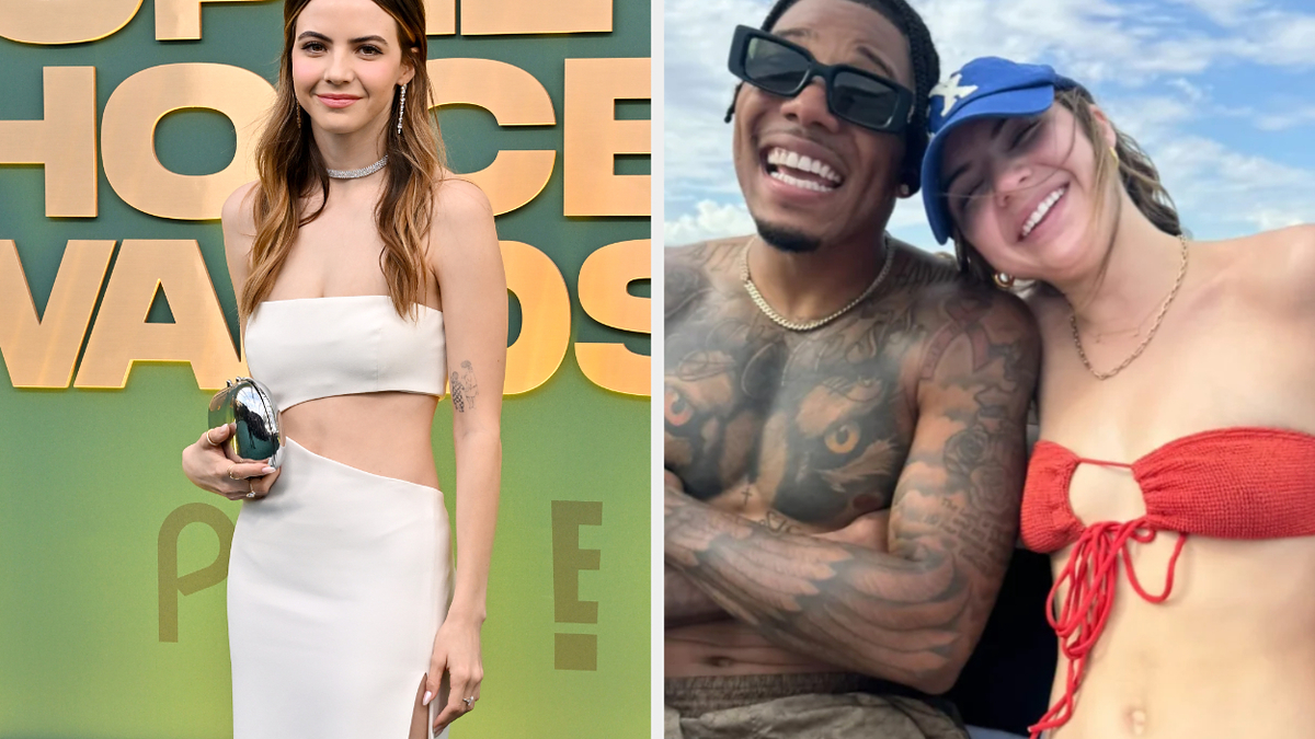 Left: Victoria Justice in an elegant white dress at the People's Choice Awards. Right: Kehlani and YG smiling on a boat, with Kehlani in a red bikini top
