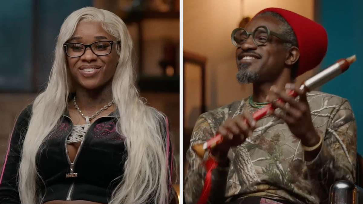 Images of Sexyy Red in a black zip-up jacket with long white hair, and Andre 3000 wearing glasses and a red beanie, holding an instrument
