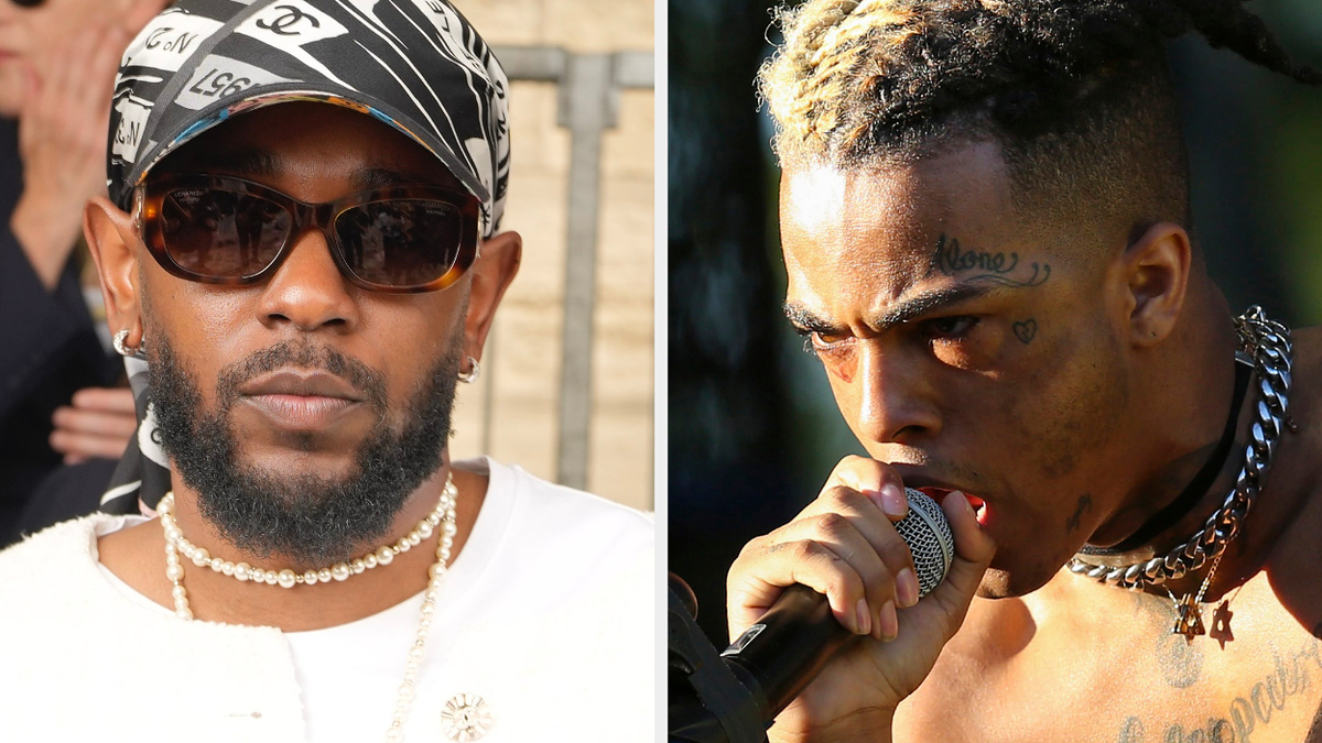 Kendrick Lamar wearing sunglasses and a patterned hat, and XXXTentacion performing shirtless with a microphone