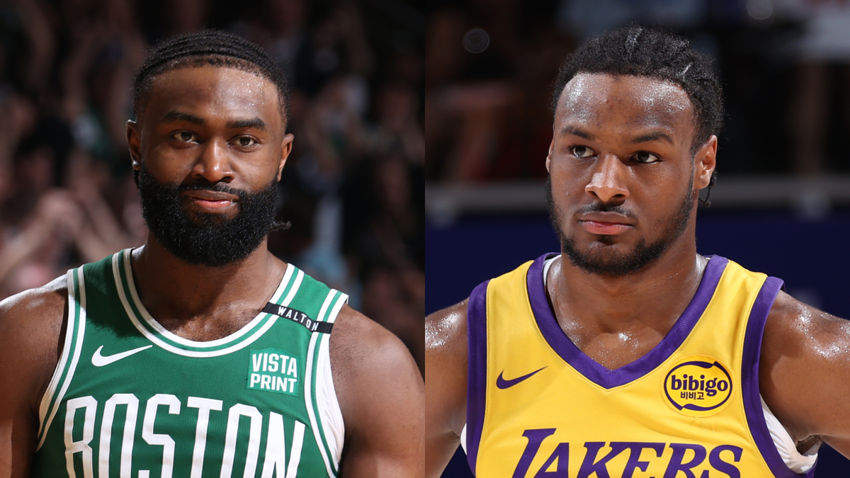 Jaylen Brown and Bronny James in basketball uniforms; Jaylen in a green Boston jersey and Bronny in a yellow Lakers jersey