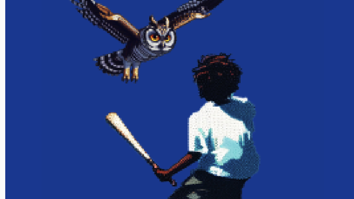 Person hitting an owl-shaped piñata with a bat (left) and a pixel art of a person preparing to hit an owl with a bat (right)