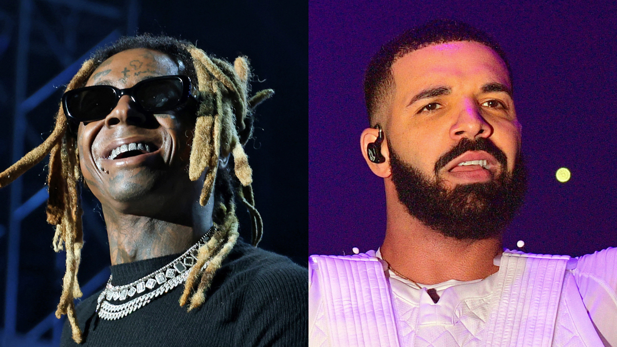 Lil Wayne wearing sunglasses and diamond jewelry next to Drake performing on stage with a headset mic