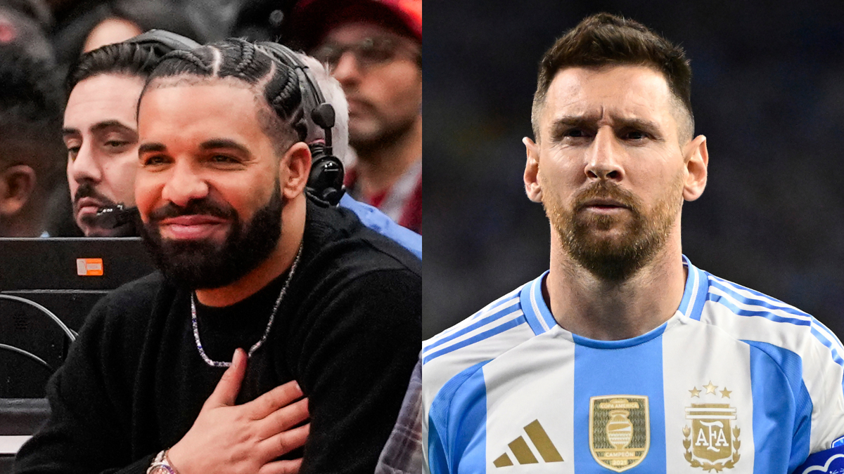 Drake smiling at an event; Lionel Messi in Argentina's soccer jersey. Both are facing the camera
