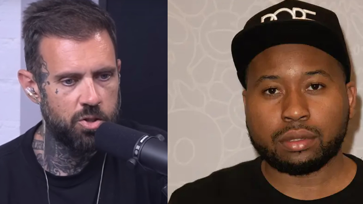 Adam22 and DJ Akademiks are pictured side by side in close-up shots, both facing the camera. Adam22 is speaking into a microphone