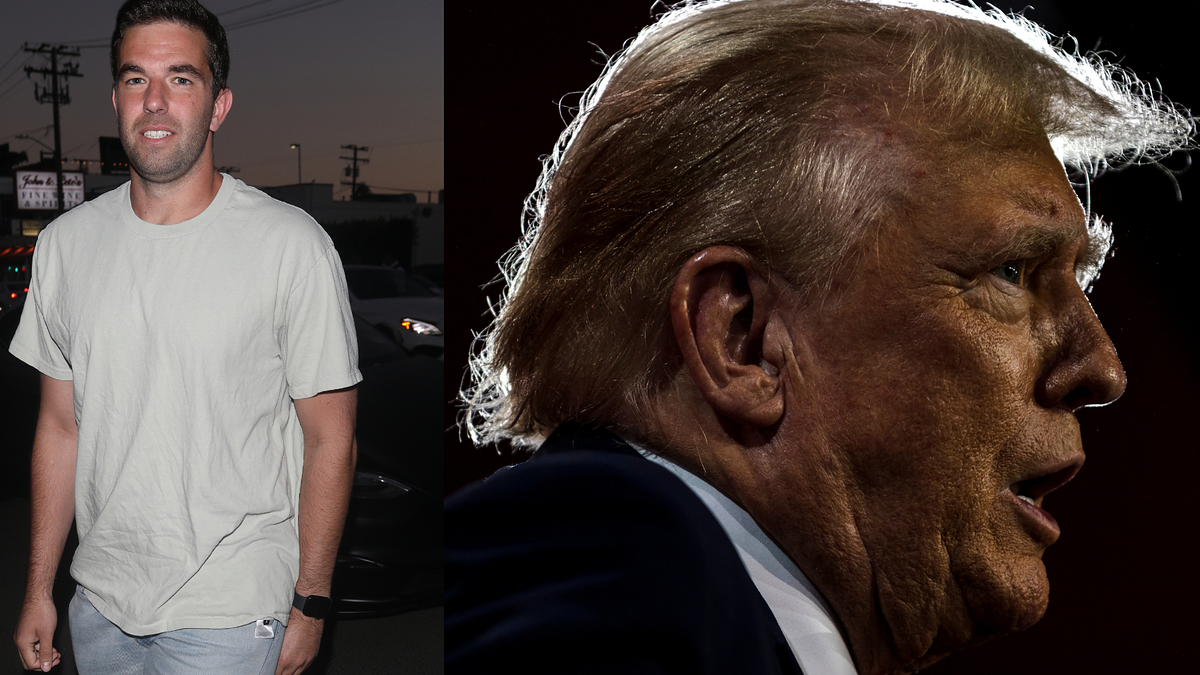 Left: Billy McFarland wearing a casual t-shirt and jeans. Right: Donald Trump in profile view, illuminated from behind